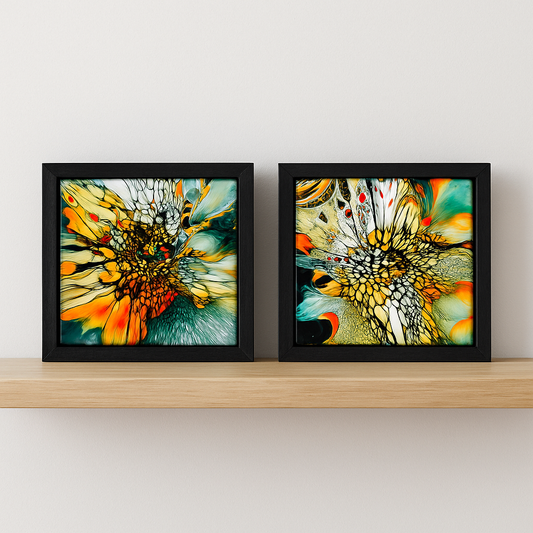 "Fire Bloom Twins" Acrylic on Ceramic 5x5 Shadowbox