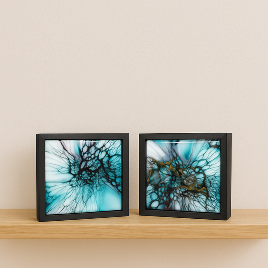 "Glacial Bloom" Duo - Acrylic on Ceramic 5x5 Shadowbox