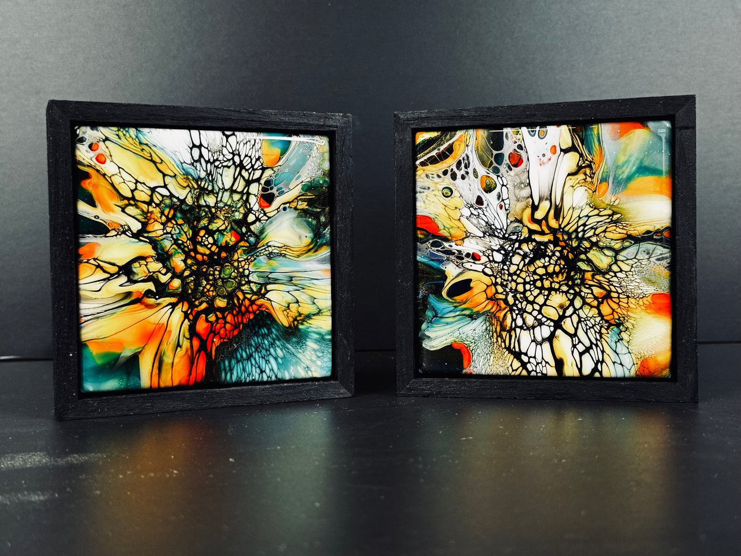 "Fire Bloom Twins" Acrylic on Ceramic 5x5 Shadowbox