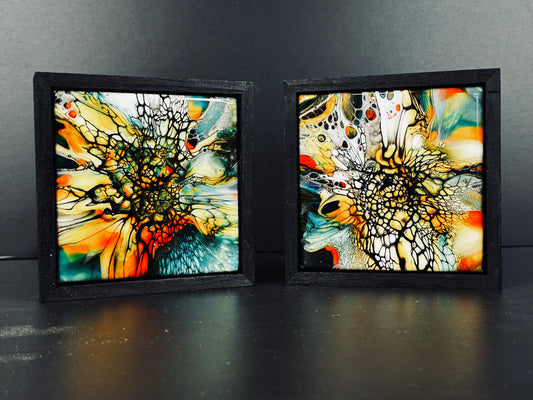 "Fire Bloom Twins" Acrylic on Ceramic 5x5 Shadowbox