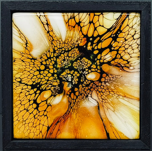 "Solar Burst" 5 X 5 Acrylic on Ceramic in Shadowbox