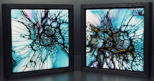 "Glacial Bloom" Duo - Acrylic on Ceramic 5x5 Shadowbox