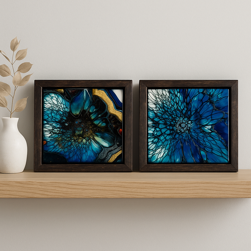 "Abyss Bloom Twins" Acrylic on Ceramic 5x5 Shadowbox